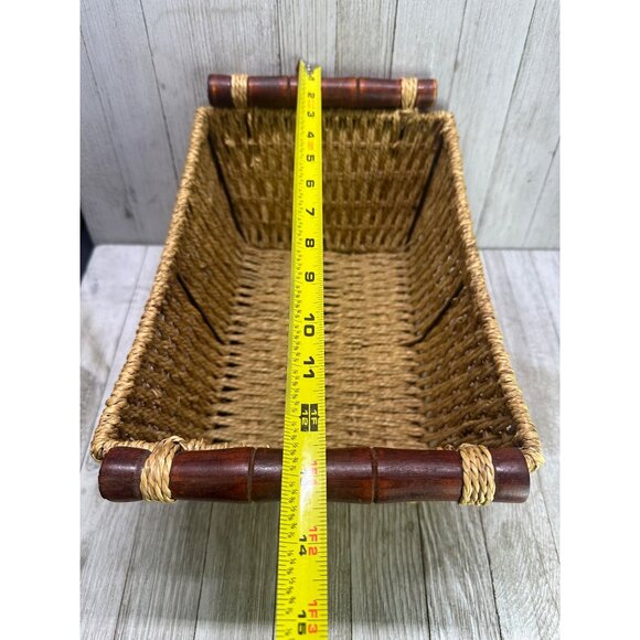 Vintage Woven Wicker Rattan Basket Tray Rectangle Wooden Handle Boho 11"x9" - Picture 5 of 7